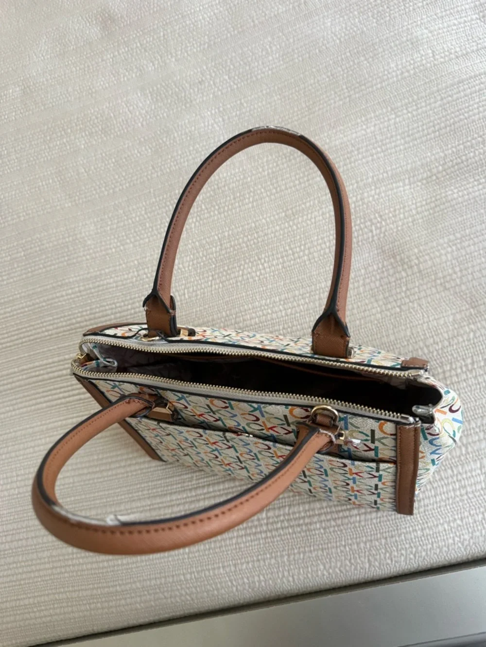 Calvin Klein Multicolor Logo Canvas Satchel with Brown Trim